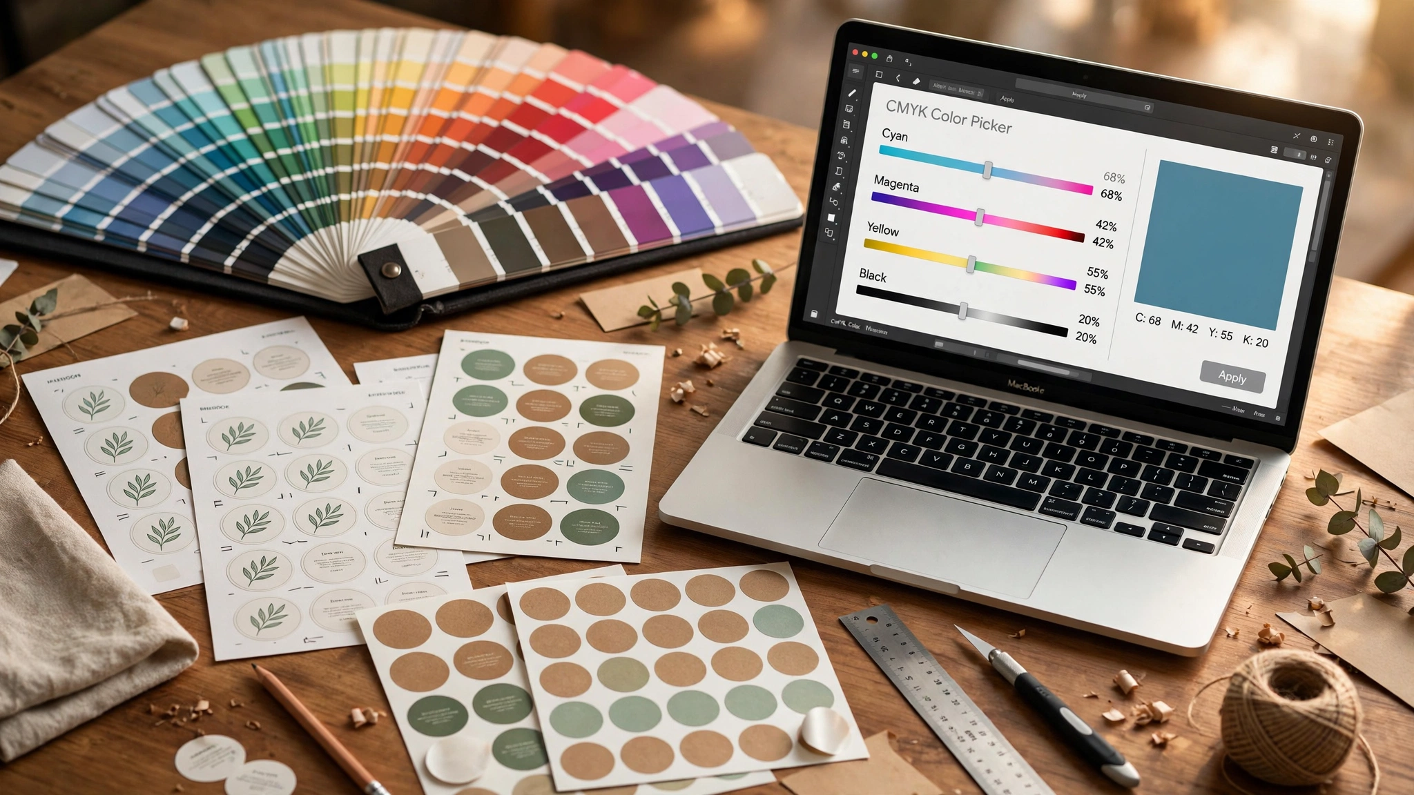Designer desk with printed label proofs, color swatch book, and CMYK color picker on a laptop