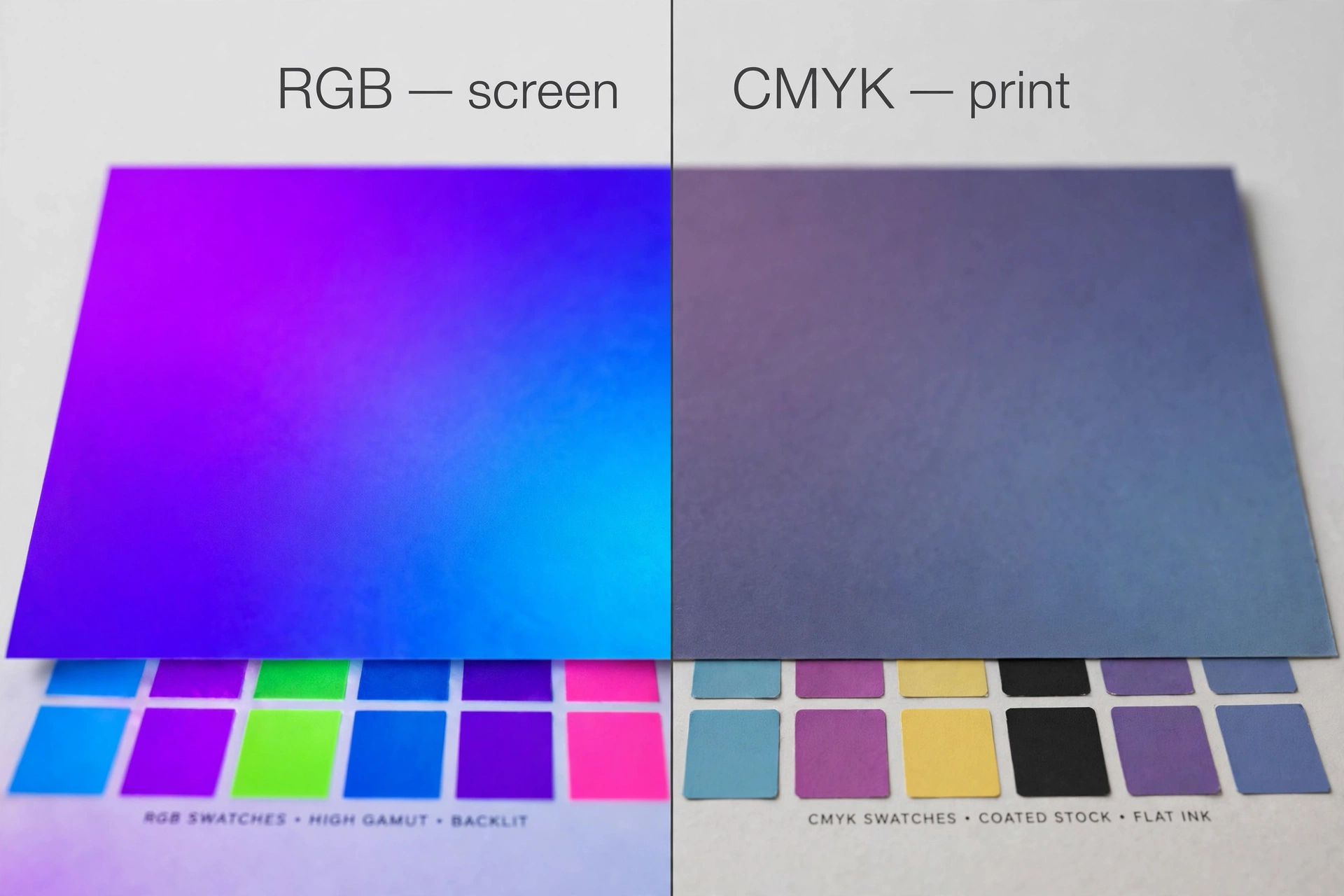 Side-by-side comparison: RGB neon colors vs their CMYK printed equivalents