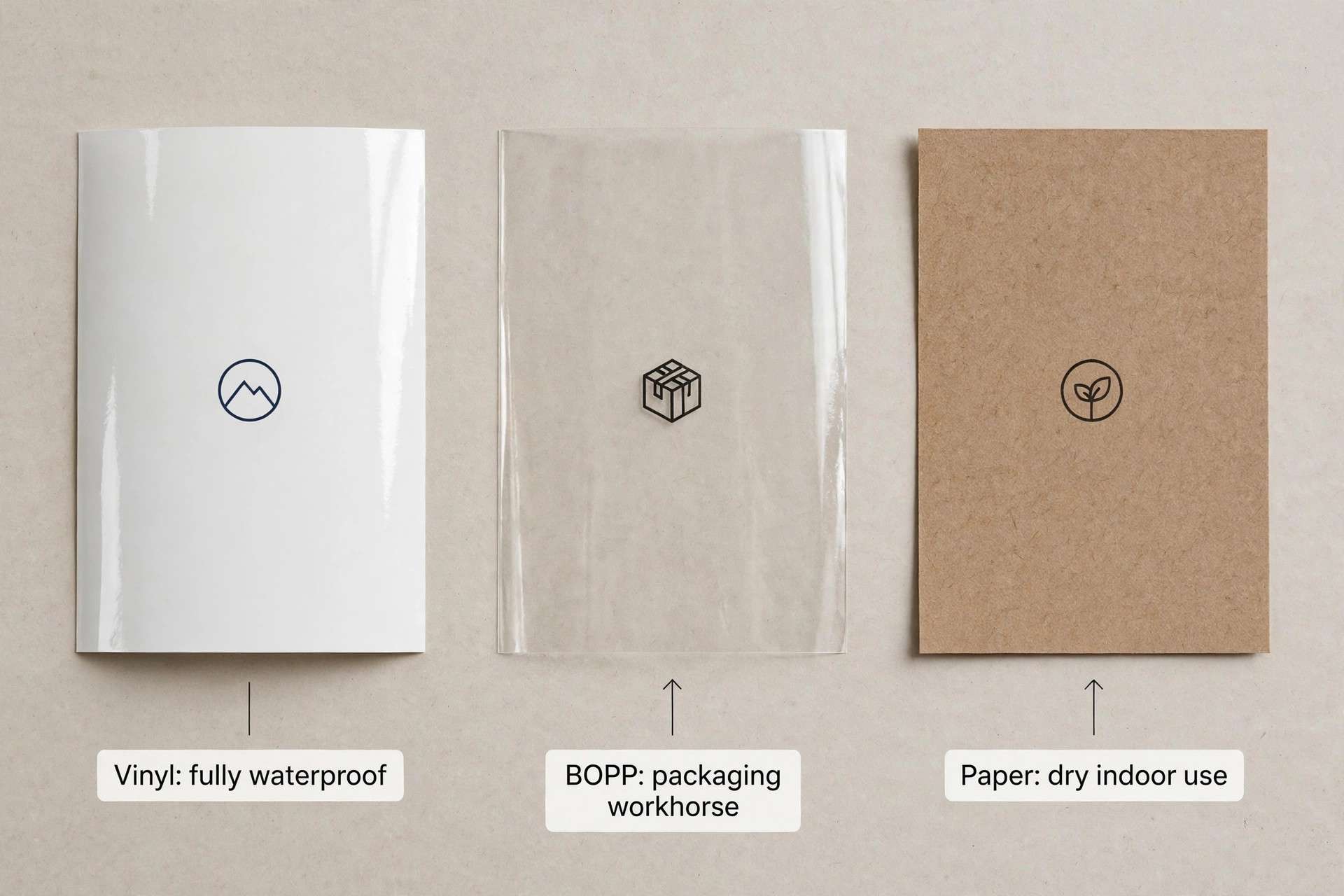 Side-by-side comparison of vinyl, BOPP and kraft paper label materials