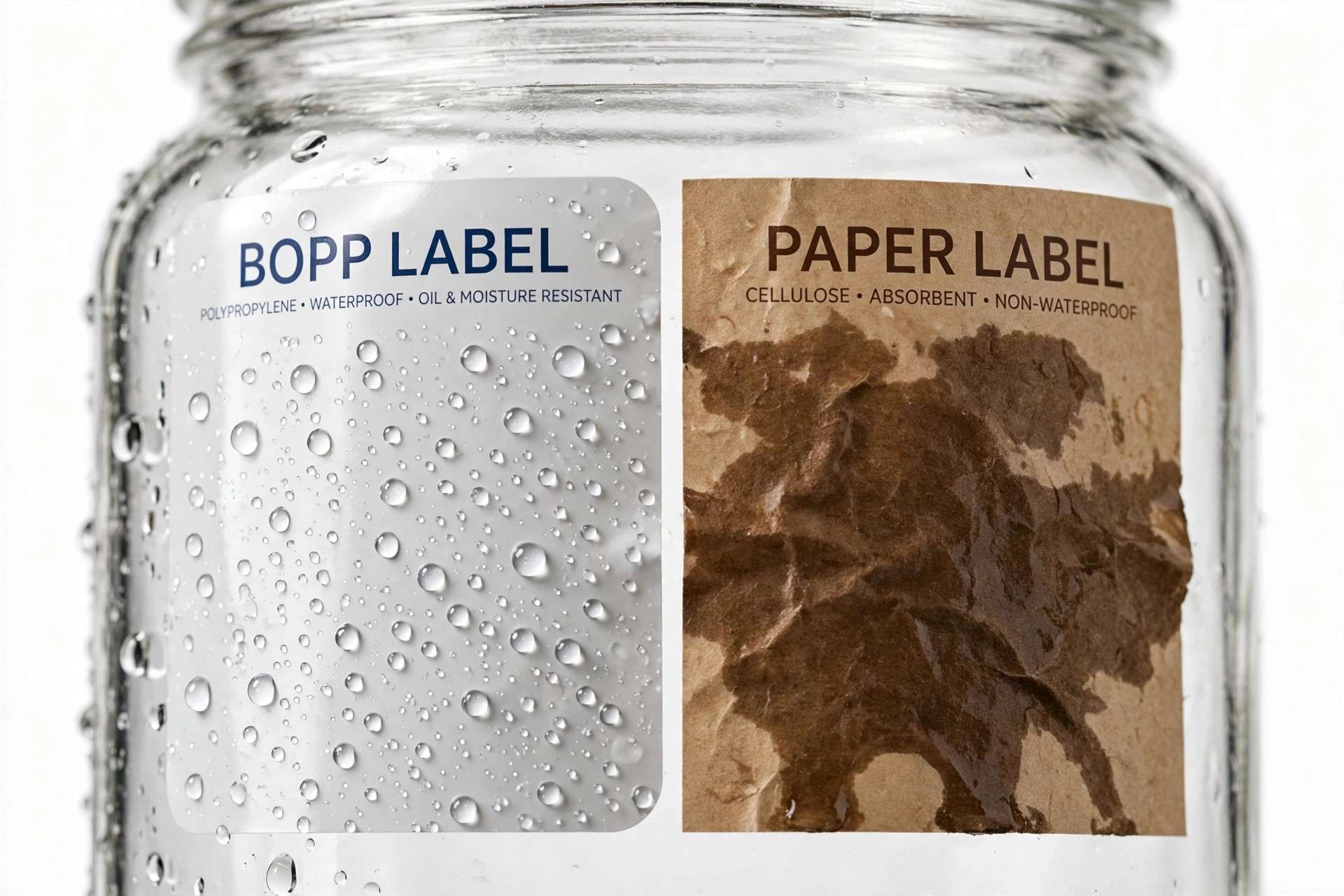 Water droplets beading on a waterproof BOPP label next to a water-stained paper label
