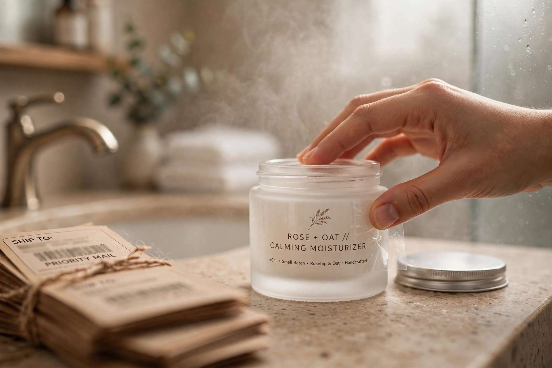 Hand applying a BOPP label to a cosmetic jar in a bathroom setting
