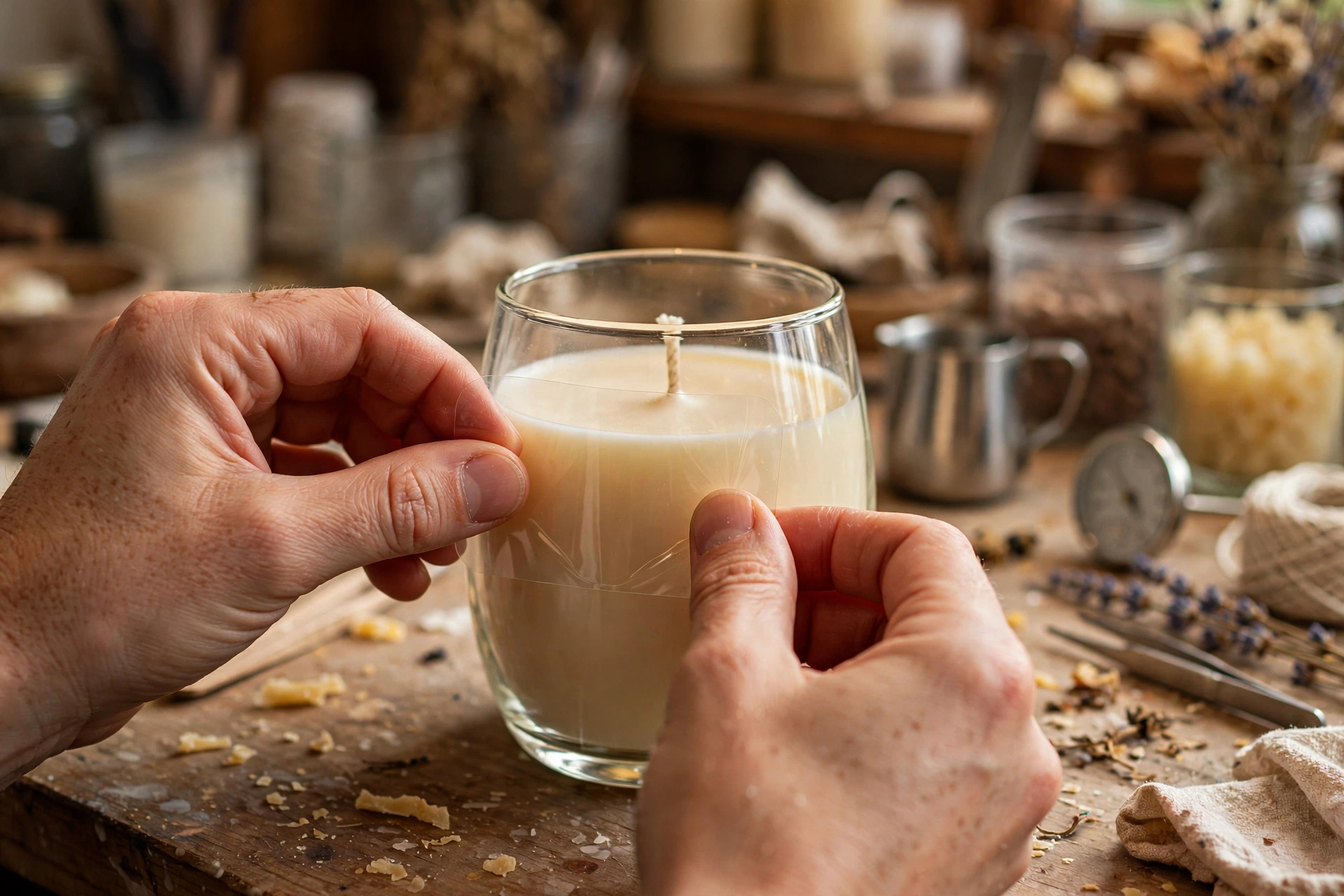Hands applying a clear BOPP label to a glass candle jar on a maker's workbench