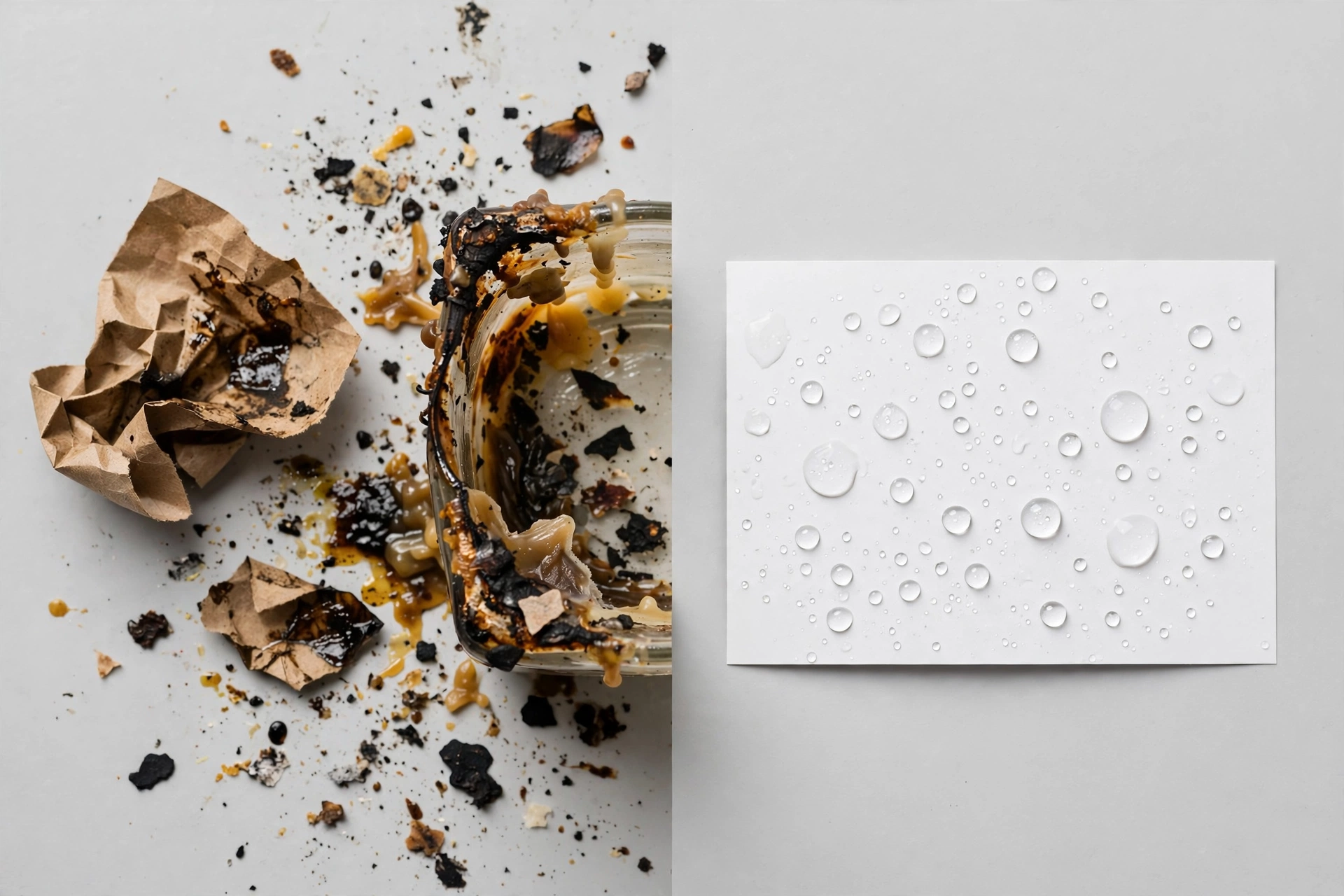 Comparison of an oil-stained kraft paper label failure versus a pristine waterproof BOPP label with water beading on its surface