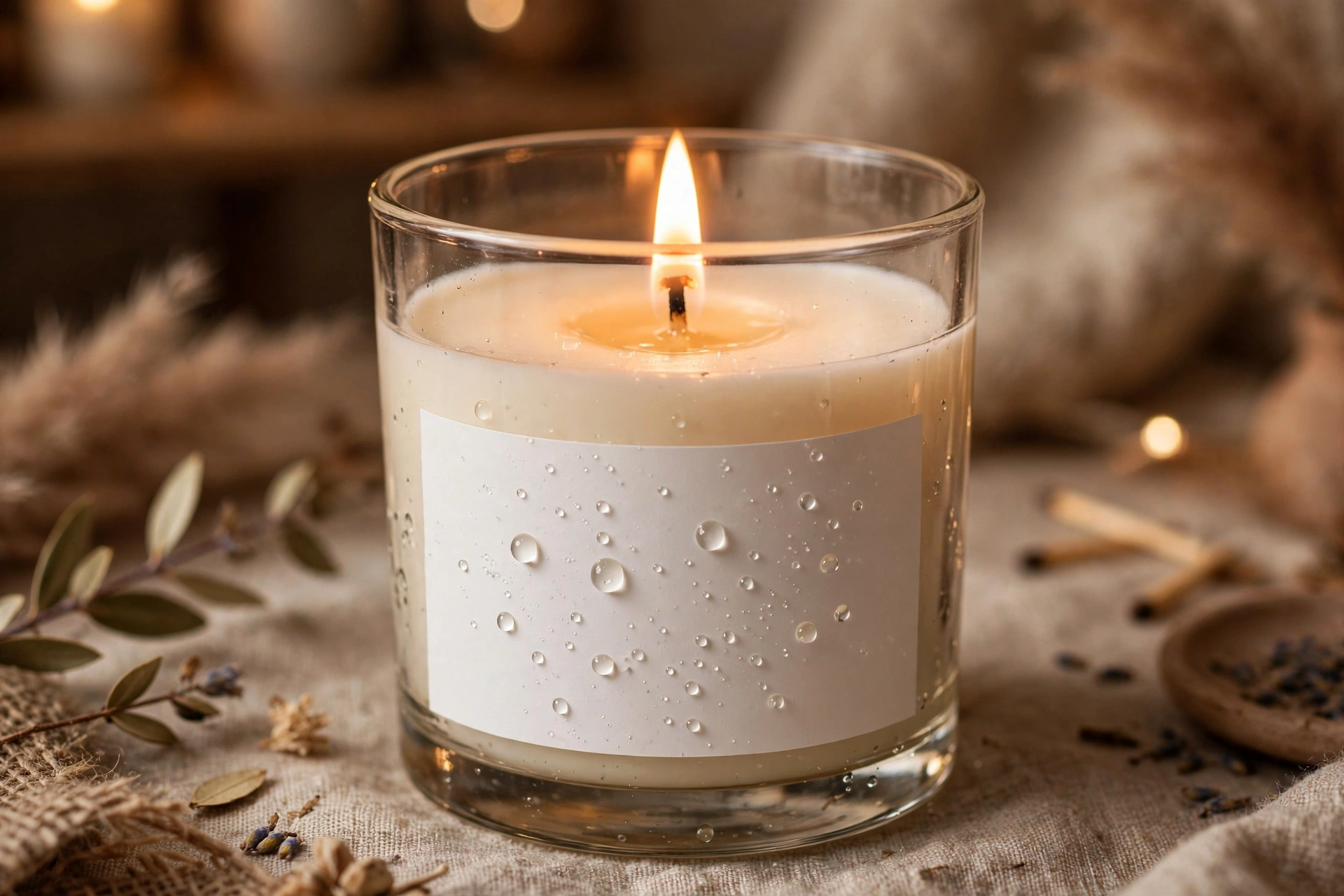Lit glass candle jar with a white waterproof BOPP label, fragrance oil droplets beading on the label surface